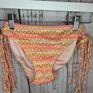 Shade & Shore Cheeky Scrunch Bikini Bottom Large Neon Ikat Fringe Tie Side